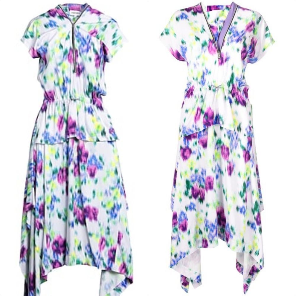 Kenzo Wisteria Asymmetric Hankerchief Midi Dress in Blurred Floral Print